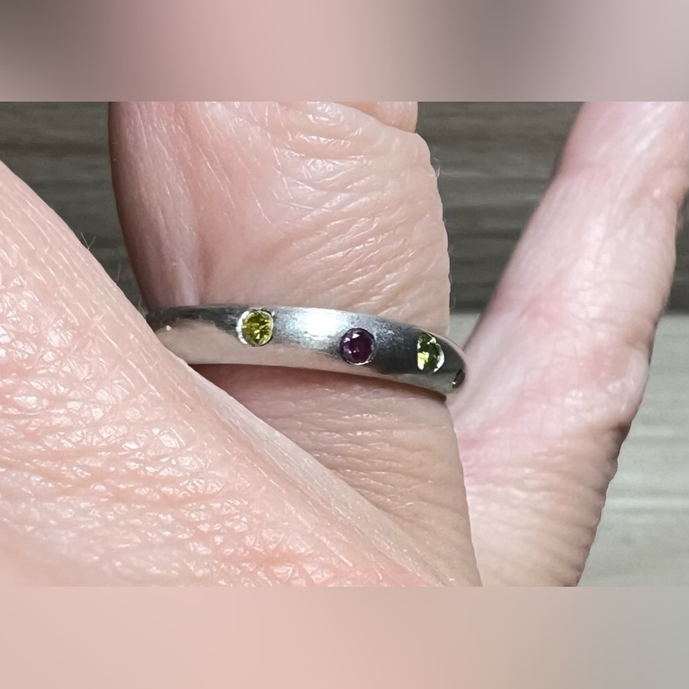 Vintage Designer Signed Flush Set Multi-Colored Gemstone Platinum Ring, Size 6.5 - Picture 10 of 13